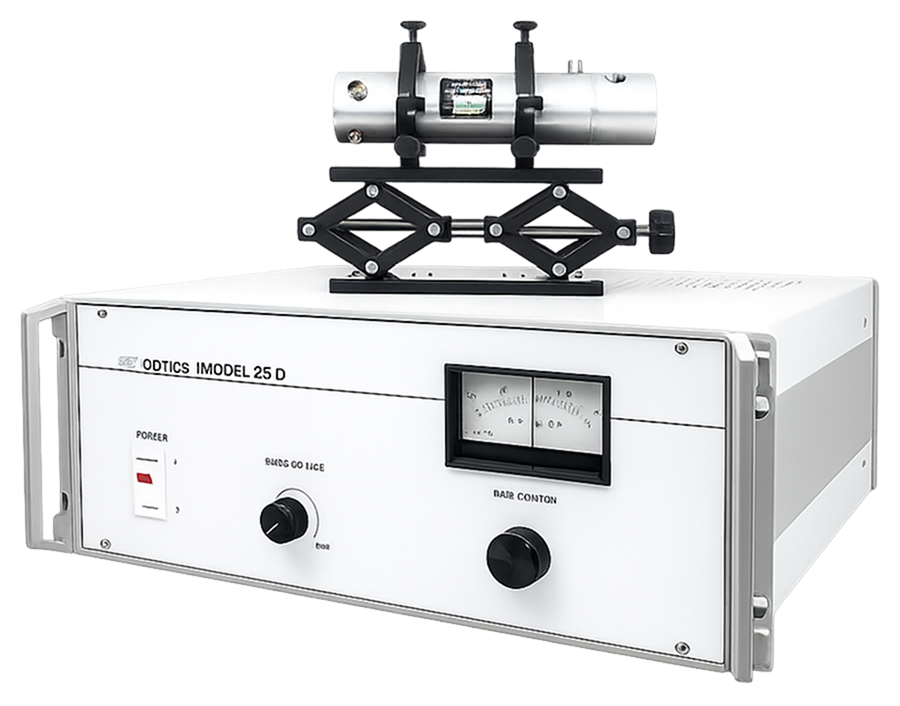 Conoptics electro-optic deflection system: a rack driver with a deflector mounted on a scissor jack above it